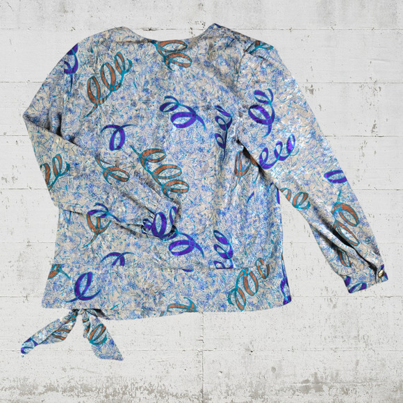 70s Vintage Cream Blue Metallic Abstract USA Made Blouse Midi Skirt Set Size 14 - Picture 7 of 13